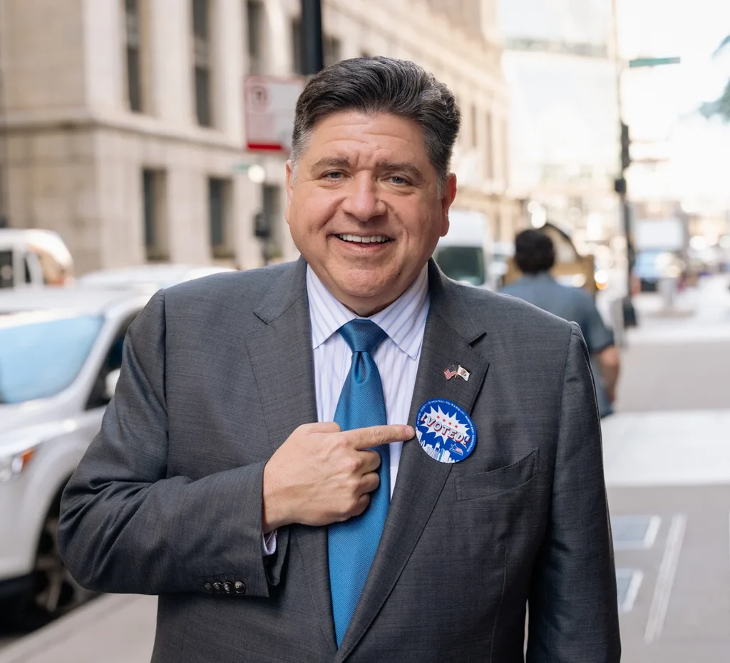 photo JB Pritzker with an I Voted sticker